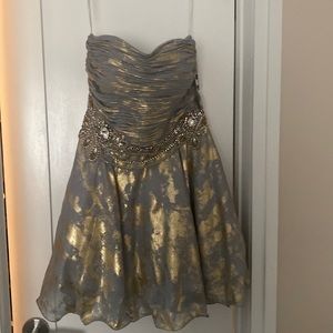 Nwt size 6 terani strapless gorgeous grey and gold short dress